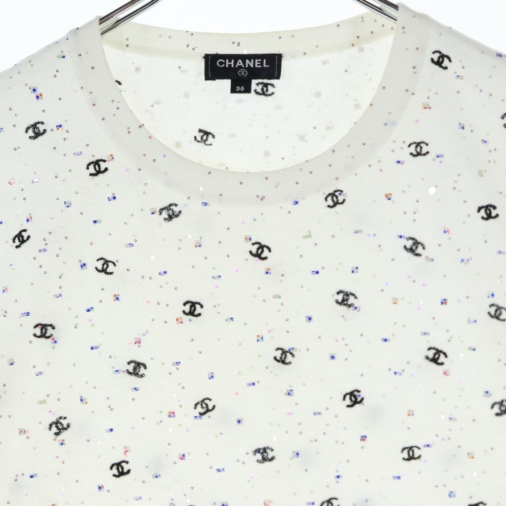 CHANEL(シャネル) ココマーク刺繍 ラメ スパンコール 総柄 コットンニット クルーネック 長袖Tシャツ カットソー ホワイト レディース P64289K60207