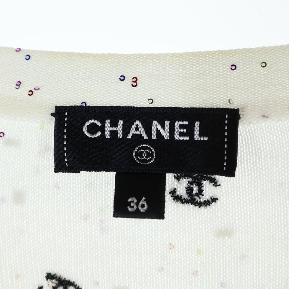 CHANEL(シャネル) ココマーク刺繍 ラメ スパンコール 総柄 コットンニット クルーネック 長袖Tシャツ カットソー ホワイト レディース P64289K60207