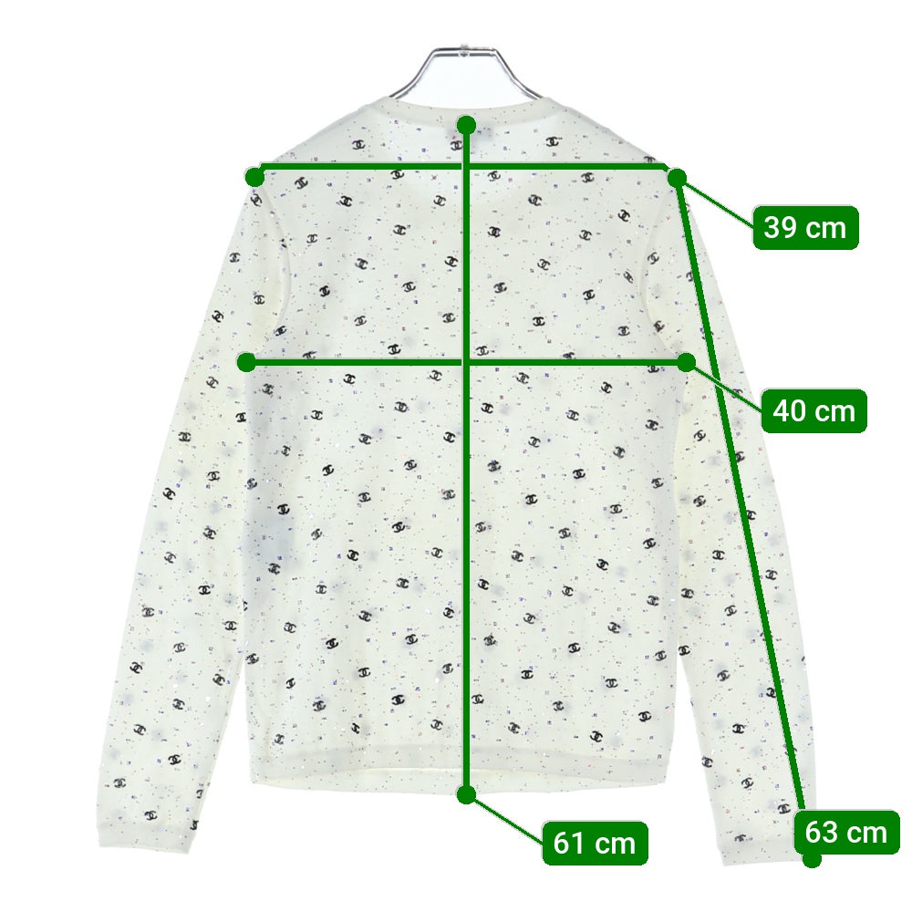 CHANEL(シャネル) ココマーク刺繍 ラメ スパンコール 総柄 コットンニット クルーネック 長袖Tシャツ カットソー ホワイト レディース P64289K60207