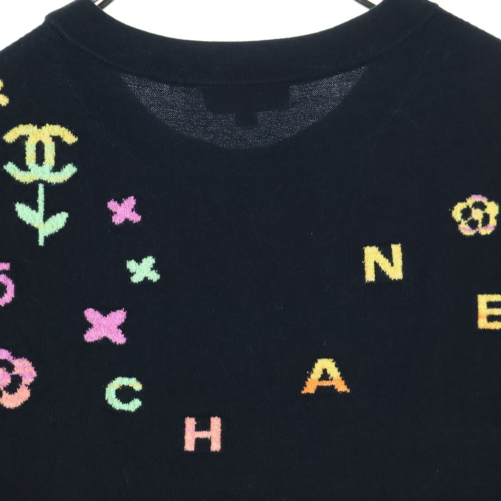 CHANEL(シャネル) ココマーク ロゴジャガード コットンニット クルーネック 半袖Tシャツ カットソー ブラック レディース P72160K10373