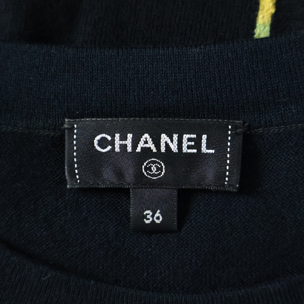 CHANEL(シャネル) ココマーク ロゴジャガード コットンニット クルーネック 半袖Tシャツ カットソー ブラック レディース P72160K10373