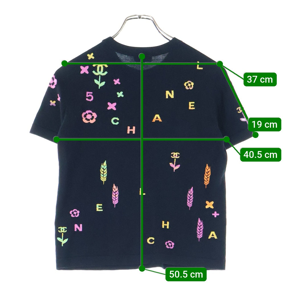 CHANEL(シャネル) ココマーク ロゴジャガード コットンニット クルーネック 半袖Tシャツ カットソー ブラック レディース P72160K10373