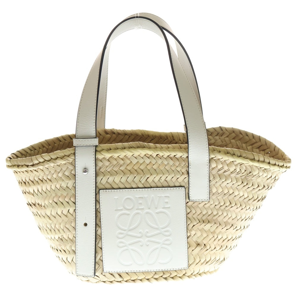 LOEWE(ロエベ) バスケット アナグラムロゴ レザーパッチ ラフィア カゴ ハンド トートバッグ ホワイト