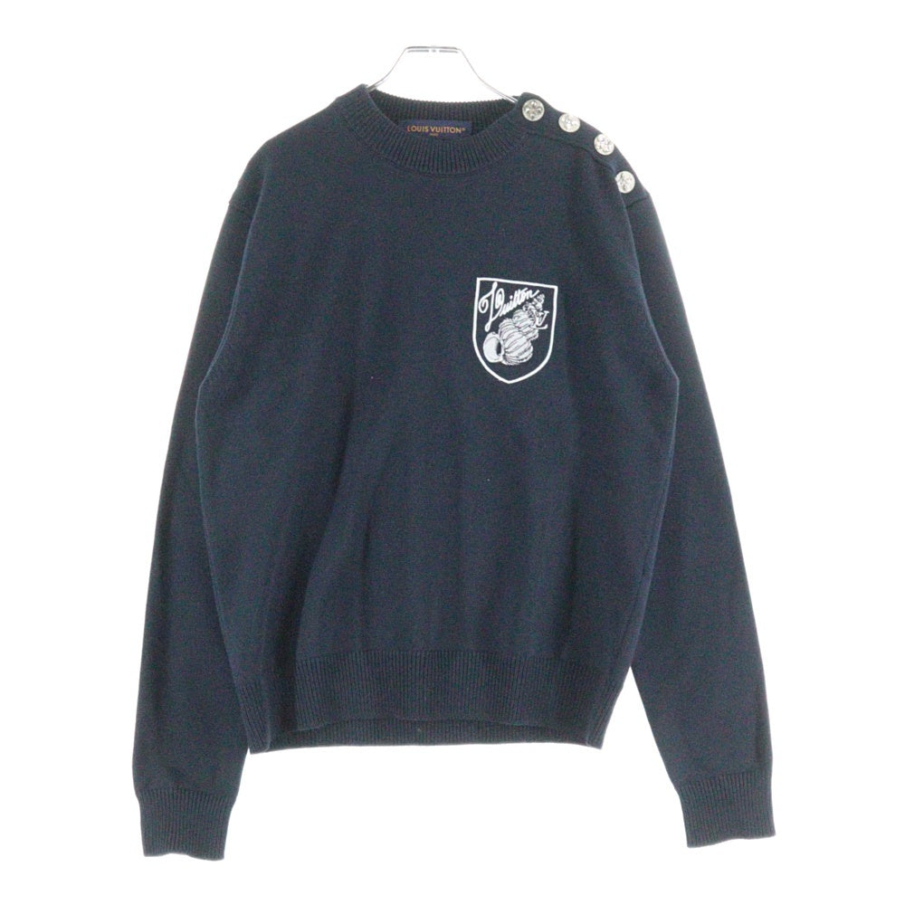 LOUIS VUITTON(ルイヴィトン) 24AW エンブレム ロゴ刺繍 ビジューショルダーボタン コットン クルーネック プルオーバー 長袖ニット セーター ネイビー RM242MM TBY HRN13W