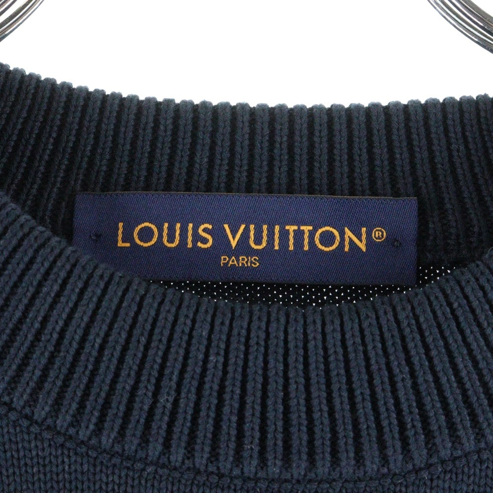 LOUIS VUITTON(ルイヴィトン) 24AW エンブレム ロゴ刺繍 ビジューショルダーボタン コットン クルーネック プルオーバー 長袖ニット セーター ネイビー RM242MM TBY HRN13W