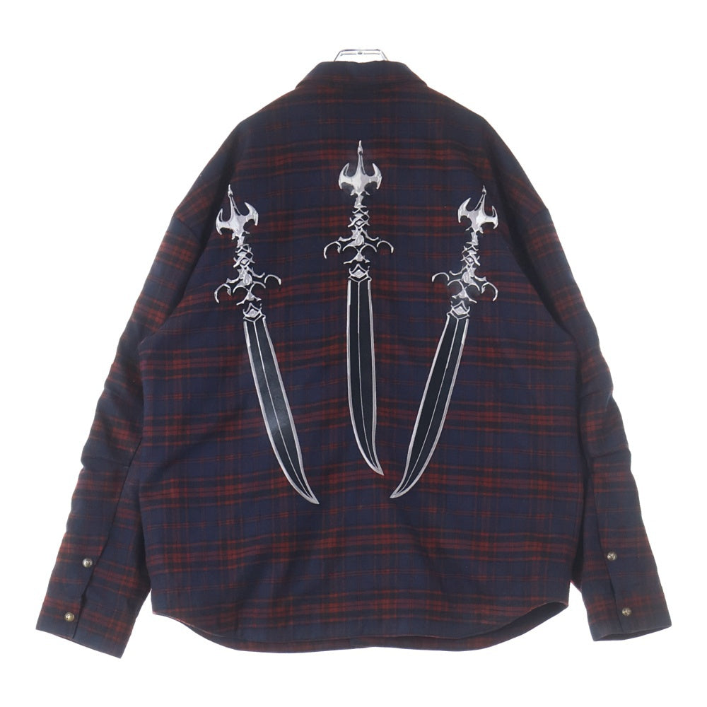 THUG CLUB(サグクラブ) 24AW Arab Sword Flannel Shirt アラブソード 袖 バック刺繍 ロゴプレート チェック総柄 フランネル スナップボタン 長袖シャツ レッド/ネイビー TC24SH2003