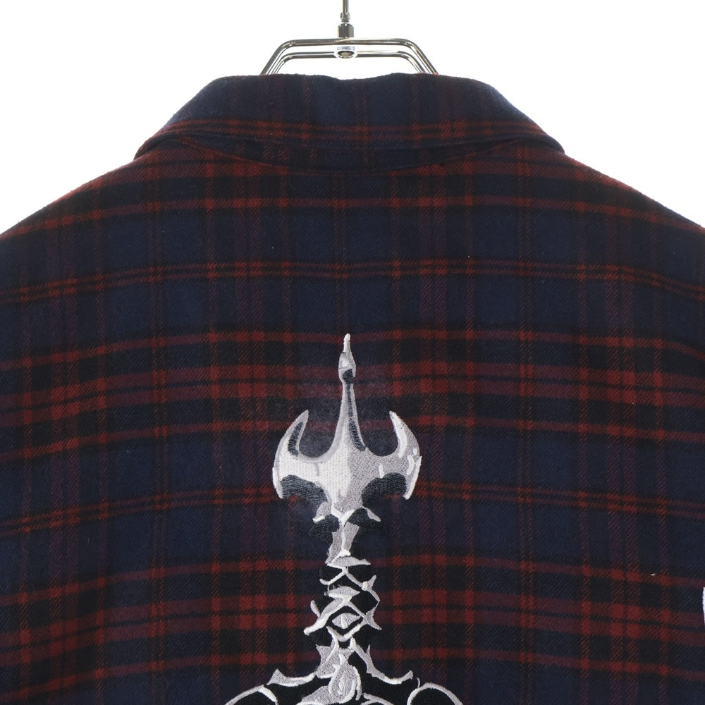 THUG CLUB(サグクラブ) 24AW Arab Sword Flannel Shirt アラブソード 袖 バック刺繍 ロゴプレート チェック総柄 フランネル スナップボタン 長袖シャツ レッド/ネイビー TC24SH2003