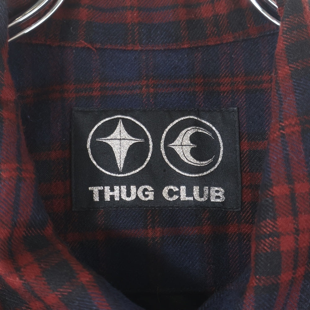 THUG CLUB(サグクラブ) 24AW Arab Sword Flannel Shirt アラブソード 袖 バック刺繍 ロゴプレート チェック総柄 フランネル スナップボタン 長袖シャツ レッド/ネイビー TC24SH2003