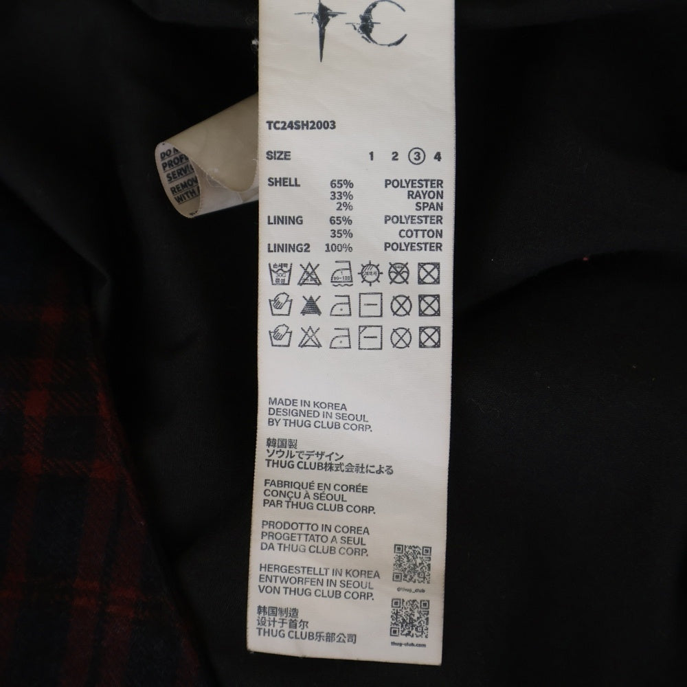 THUG CLUB(サグクラブ) 24AW Arab Sword Flannel Shirt アラブソード 袖 バック刺繍 ロゴプレート チェック総柄 フランネル スナップボタン 長袖シャツ レッド/ネイビー TC24SH2003