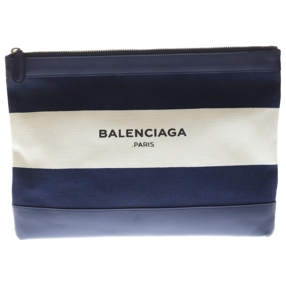 BALENCIAGA(バレンシアガ) ネイビークリップ ロゴプリント ボーダー キャンバス レザー クラッチ セカンドバッグ ネイビー 420407 レディース