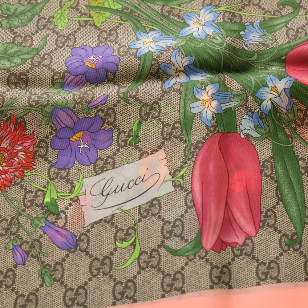GUCCI(グッチ) GGフローラ プリント シルクスカーフ ベージュ×ピンク 602585