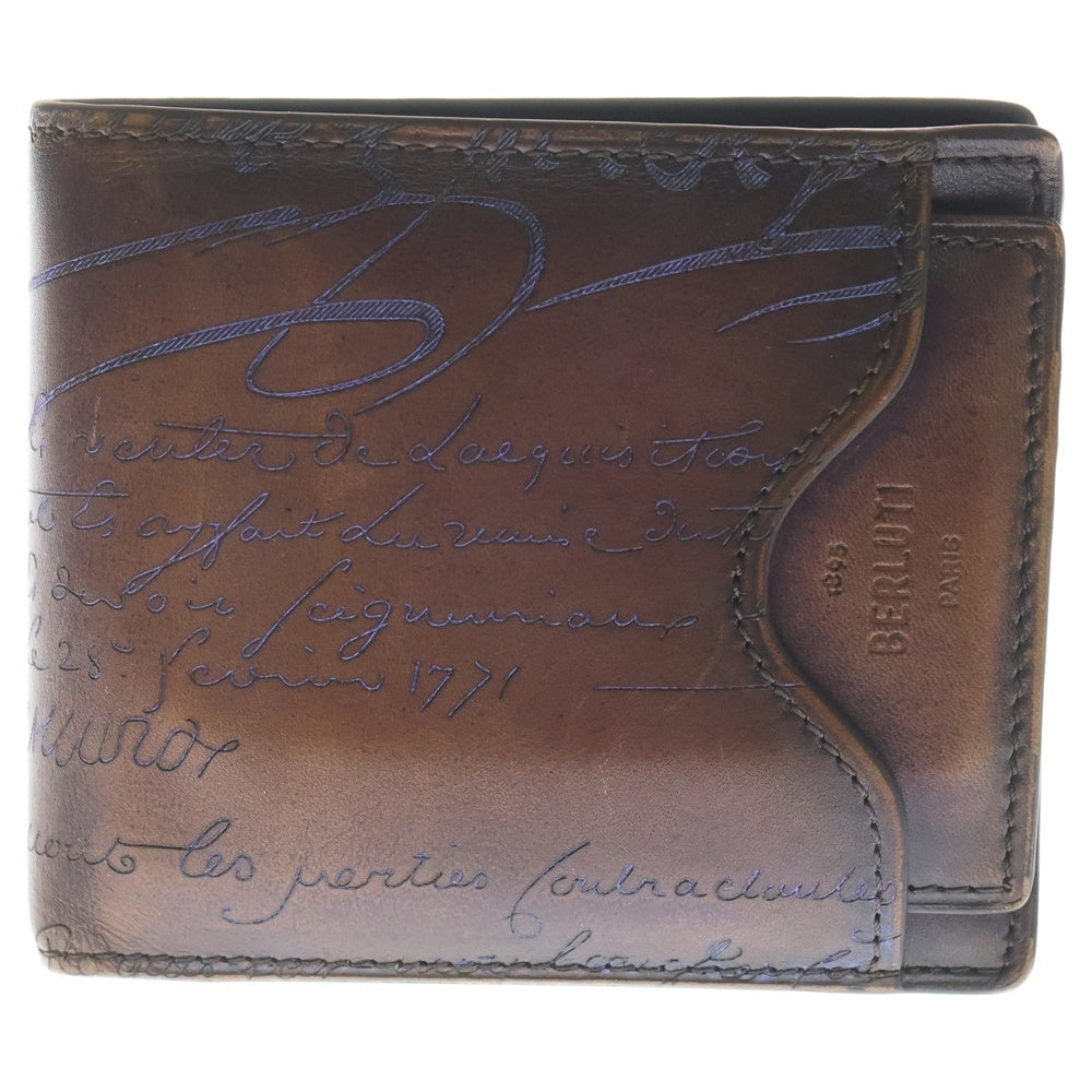 Berluti(ベルルッティ) カリグラフィ マコレ 二つ折り財布 コンパクトウォレット カードエケース ブラウン レザー