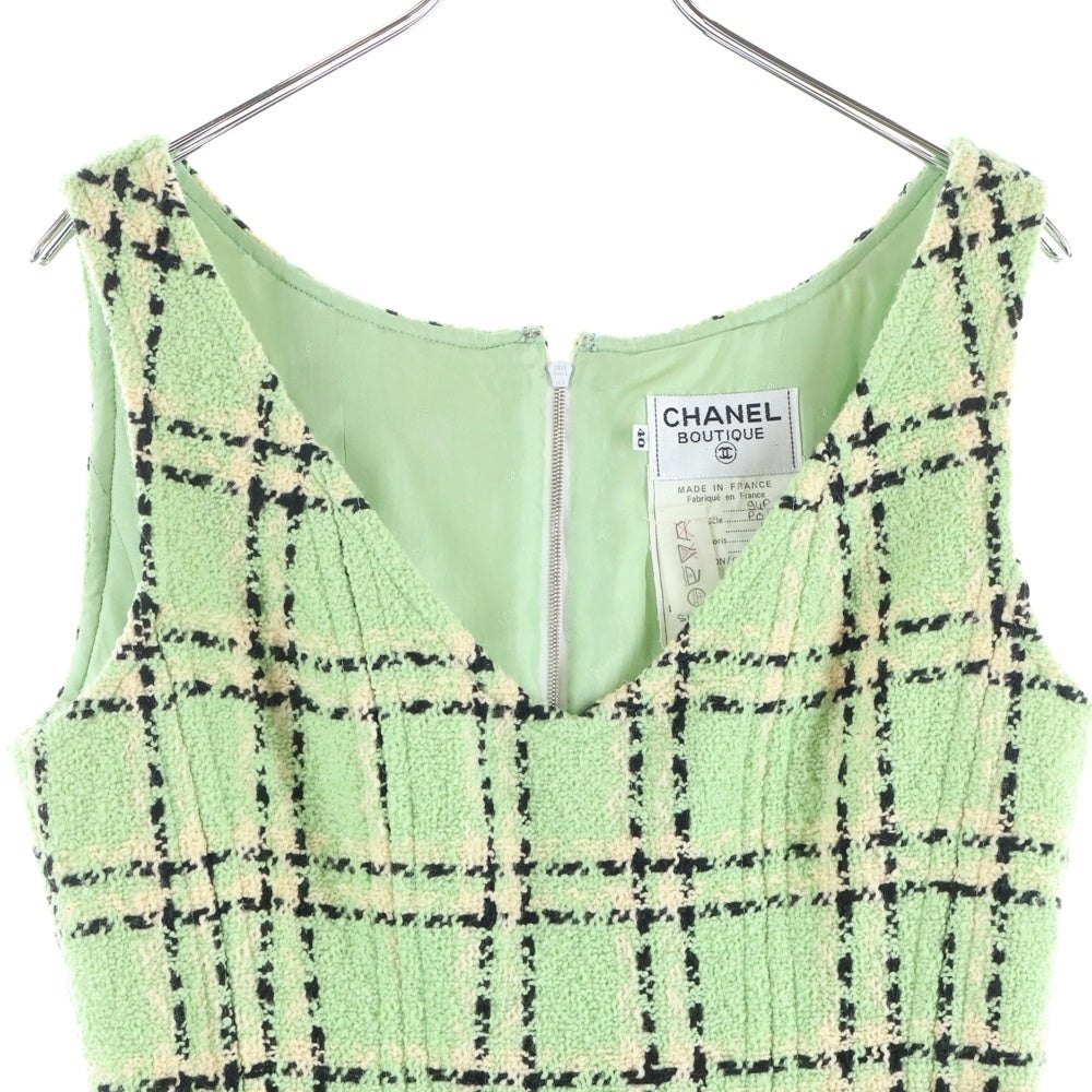 CHANEL(シャネル) 94P ツイード チェックワンピース ライトグリーン レディース