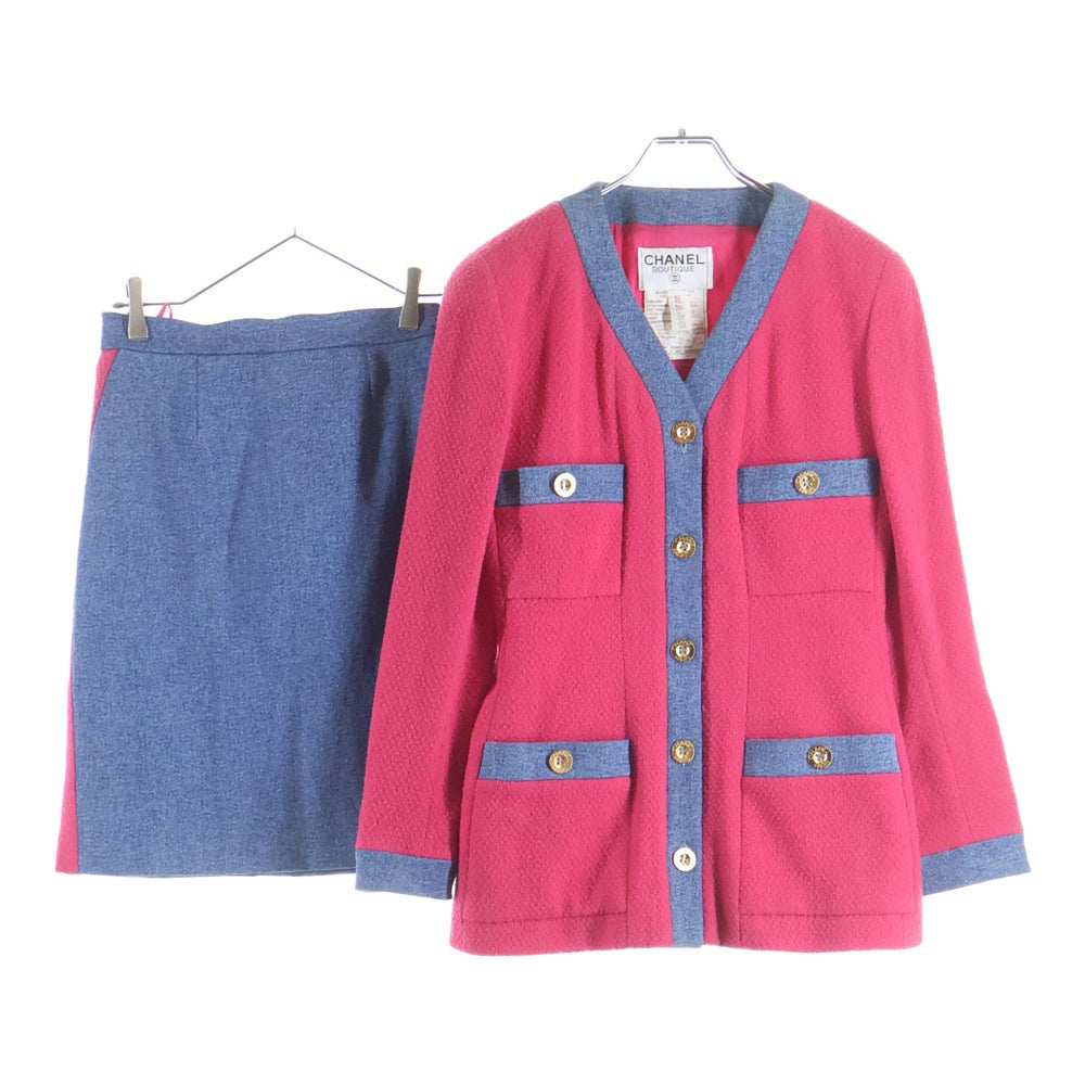CHANEL(シャネル) デニム切り替え ツイードジャケット スカート セットアップ ピンク/インディゴ レディース