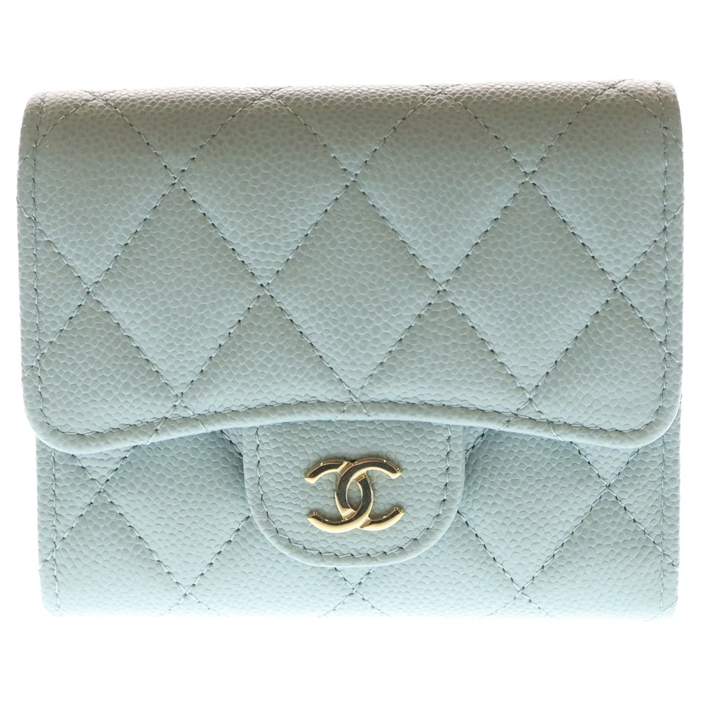 CHANEL(シャネル) クラシックスモール フラップウォレット ライトグリーン キャビアスキン 財布 レディース