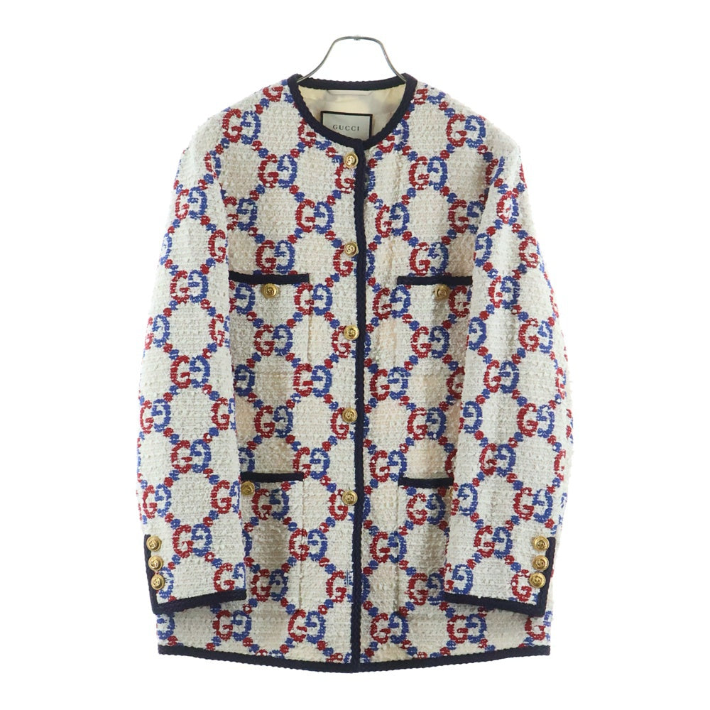 GUCCI(グッチ) 19SS GG総柄 ノーカラー ツイード ジャケット ホワイト