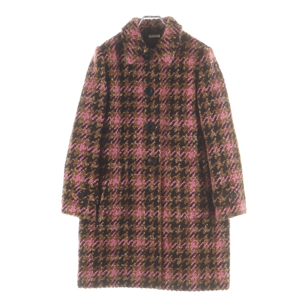 miumiu(ミュウミュウ) 18AW ウールツイード チェック総柄 4B ステンカラー コート ブラウン/ピンク レディース MS1538