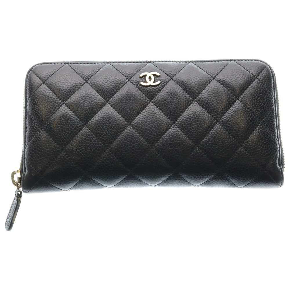 CHANEL(シャネル) マトラッセ ラウンドファスナー ロングウォレット 長財布 カードケース ブラック キャビアスキン ゴールド金具 レディース