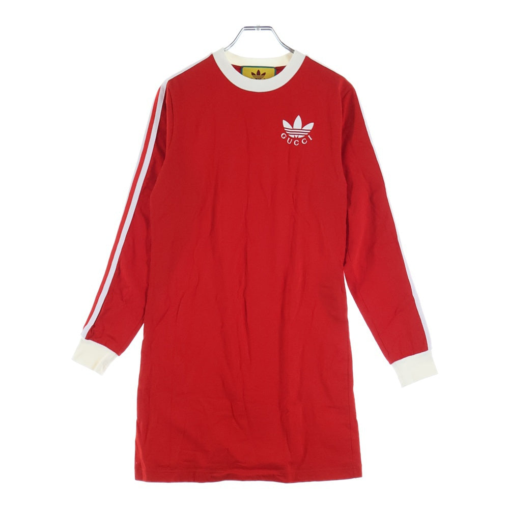 GUCCI(グッチ) × アディダス トレフォイルロゴ プリント クルーネック ロングスリーブ 長袖 Tシャツ ワンピース カットソー レッド レディース 693537