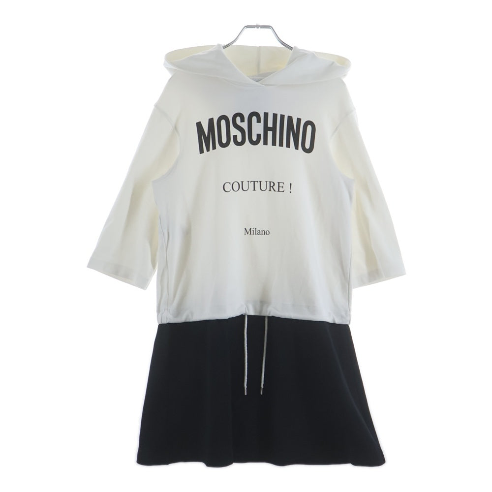 MOSCHINO(モスキーノ) 19SS ロゴプリント バイカラー プルオーバースウェット ロング パーカー フーディー ワンピース ホワイト/ブラック レディース 191AFEA04550526