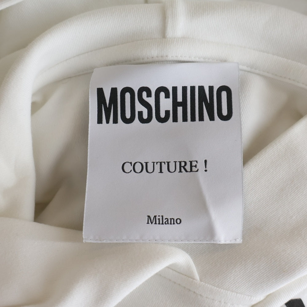 MOSCHINO(モスキーノ) 19SS ロゴプリント バイカラー プルオーバースウェット ロング パーカー フーディー ワンピース ホワイト/ブラック レディース 191AFEA04550526