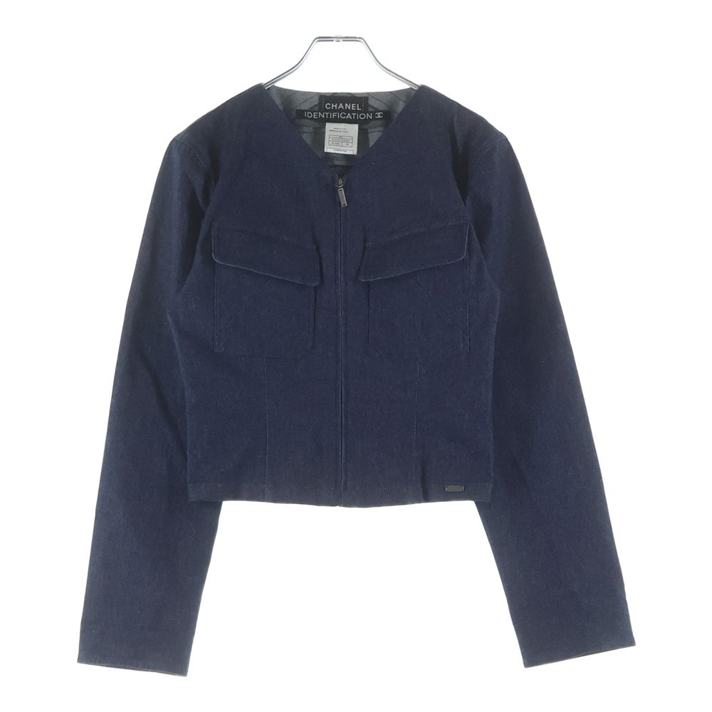 CHANEL(シャネル) 00C クルーズコレクション IDENTFICATION ラメデニム ノーカラー ジップアップ ジャケット インディゴ レディース P14592V08345