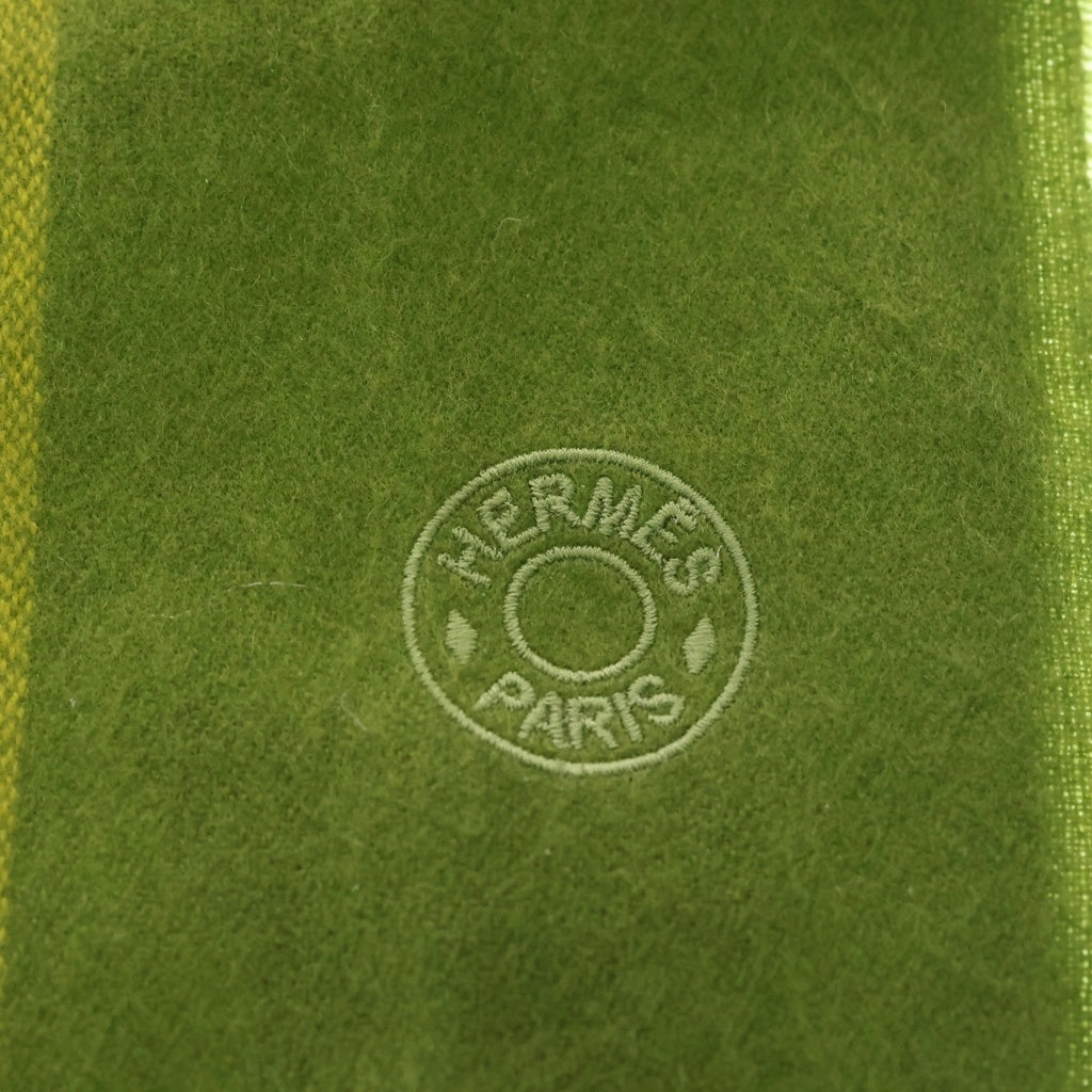 HERMES(エルメス) セリエロゴ刺繍 カシミヤ フリンジマフラー グリーン/イエロー レディース