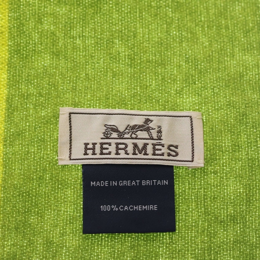 HERMES(エルメス) セリエロゴ刺繍 カシミヤ フリンジマフラー グリーン/イエロー レディース