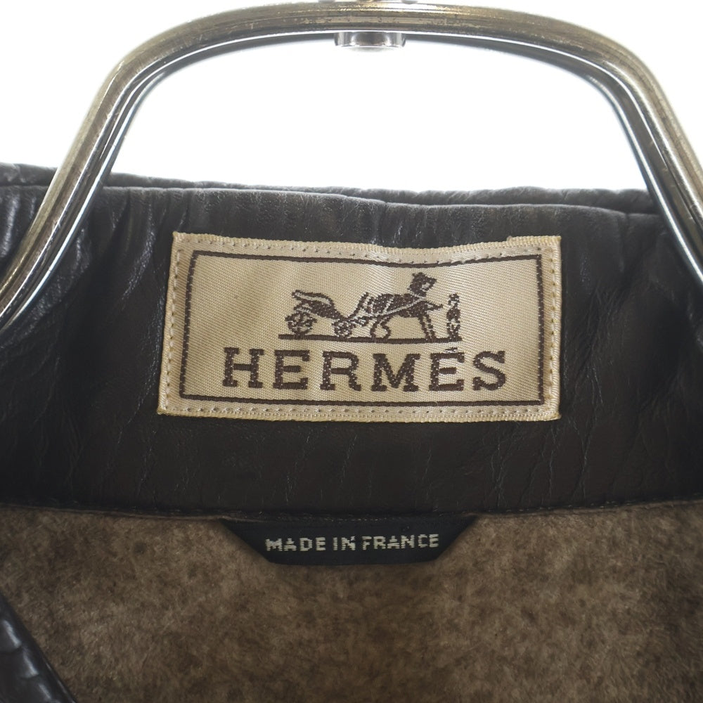 HERMES(エルメス) ステッチデザイン レザー 長袖シャツ ジャケット ブラウン