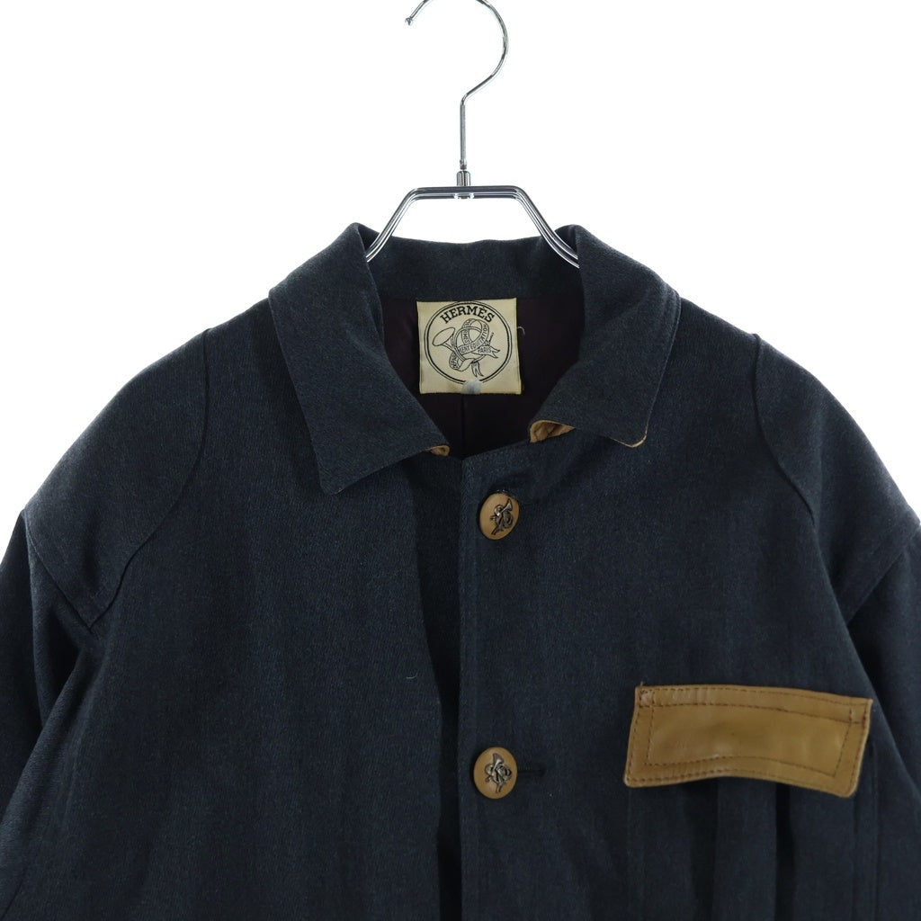 HERMES(エルメス) カバーオール ハンティングジャケット グレー ウール×レザー
