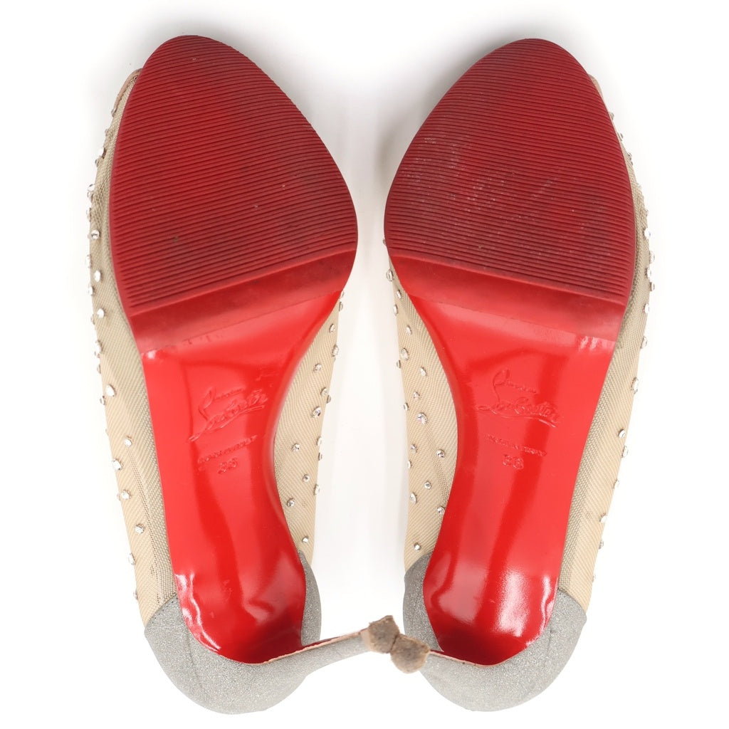CHRISTIAN LOUBOUTIN(クリスチャンルブタン) ビジュー オープントゥ パンプス ヒール シルバー メッシュ スエード レディース