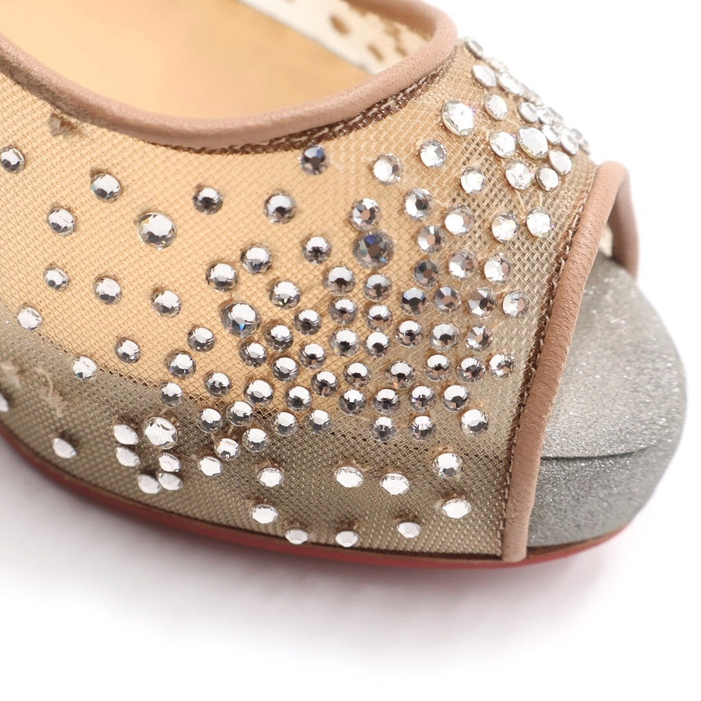 CHRISTIAN LOUBOUTIN(クリスチャンルブタン) ビジュー オープントゥ パンプス ヒール シルバー メッシュ スエード レディース