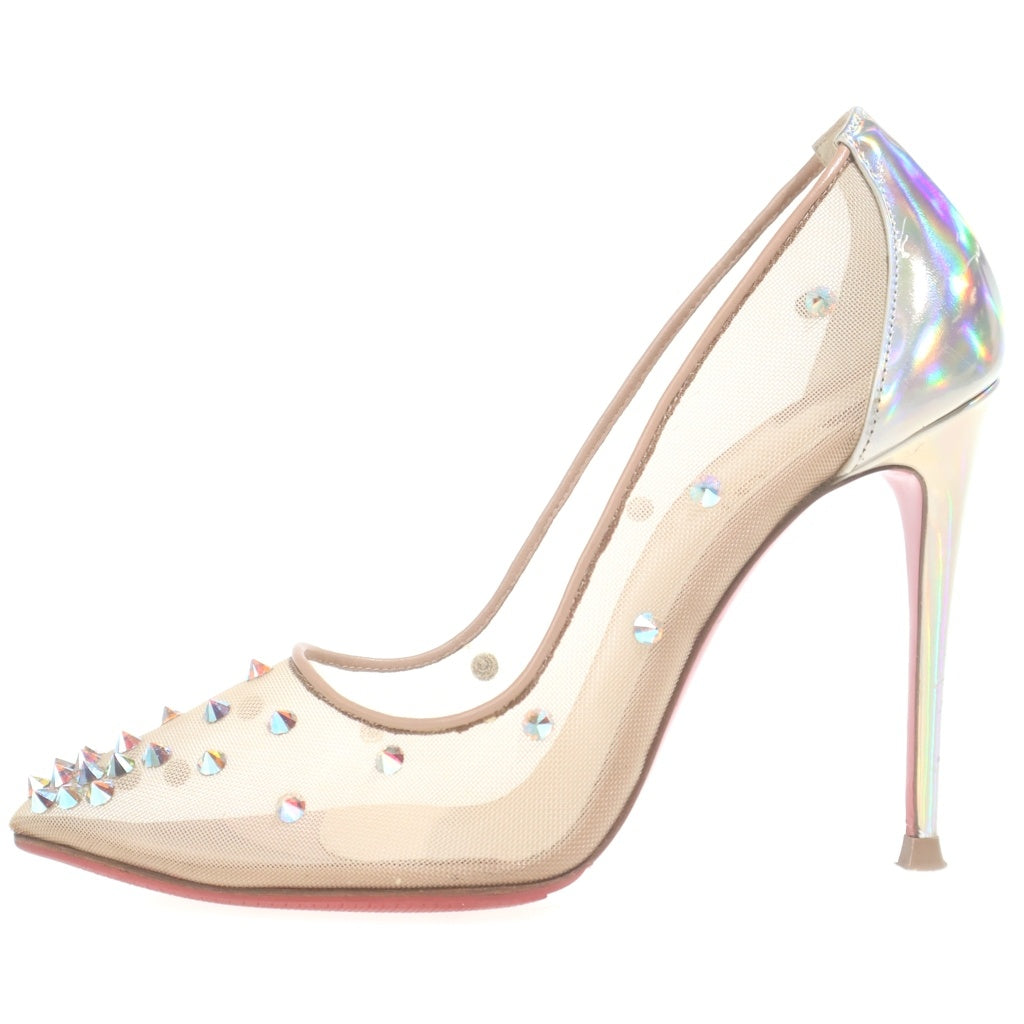 CHRISTIAN LOUBOUTIN(クリスチャンルブタン) スパイクスタッズ ポインテッドトゥ ヒールパンプス ベージュ メッシュ #36 レディース