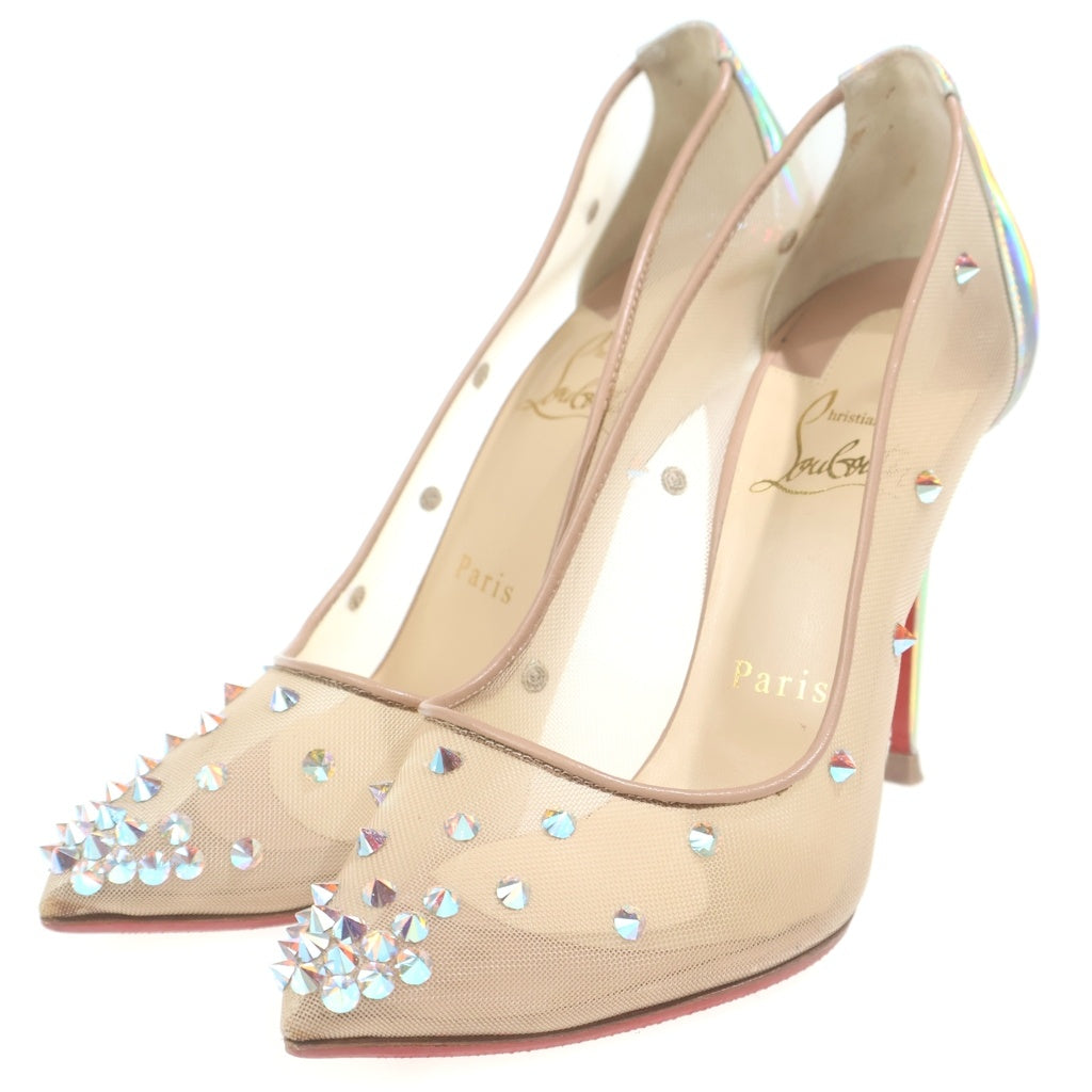 CHRISTIAN LOUBOUTIN(クリスチャンルブタン) スパイクスタッズ ポインテッドトゥ ヒールパンプス ベージュ メッシュ #36 レディース
