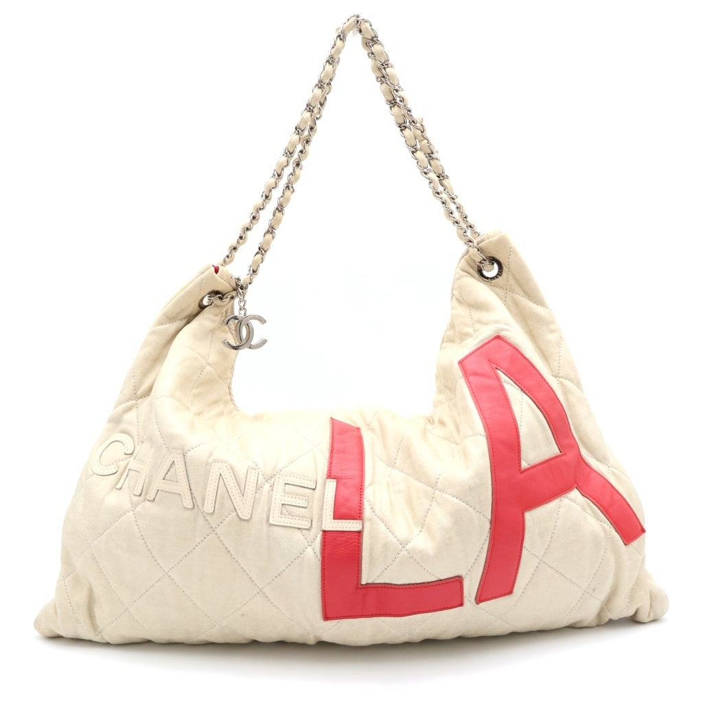 CHANEL(シャネル) クルーズライン LA ワイルドステッチ ワンショルダーバッグ トートバッグ レッド×アイボリー コットン×レザー シルバー金具 レディース