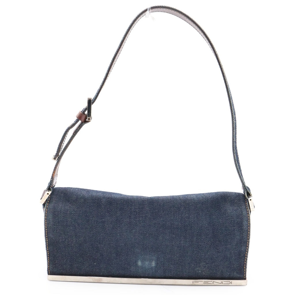 FENDI(フェンディ) ロゴ ワンショルダーバッグ ミニバッグ インディゴブルー×ブラウン デニム×レザー シルバー金具 レディース