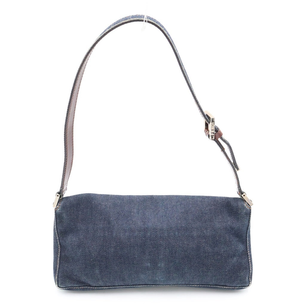 FENDI(フェンディ) ロゴ ワンショルダーバッグ ミニバッグ インディゴブルー×ブラウン デニム×レザー シルバー金具 レディース