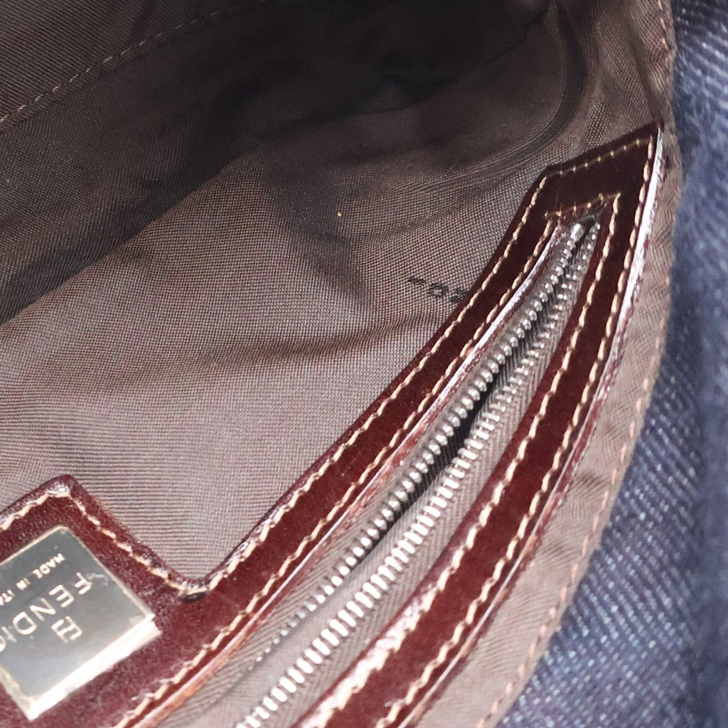 FENDI(フェンディ) ロゴ ワンショルダーバッグ ミニバッグ インディゴブルー×ブラウン デニム×レザー シルバー金具 レディース
