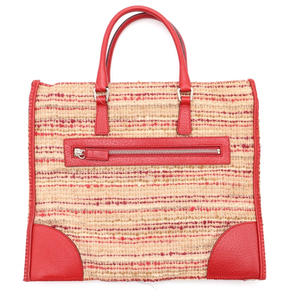 PRADA(プラダ) トライアングルロゴ ハンドバッグ ベージュ/レッド ツイードレザー レディース