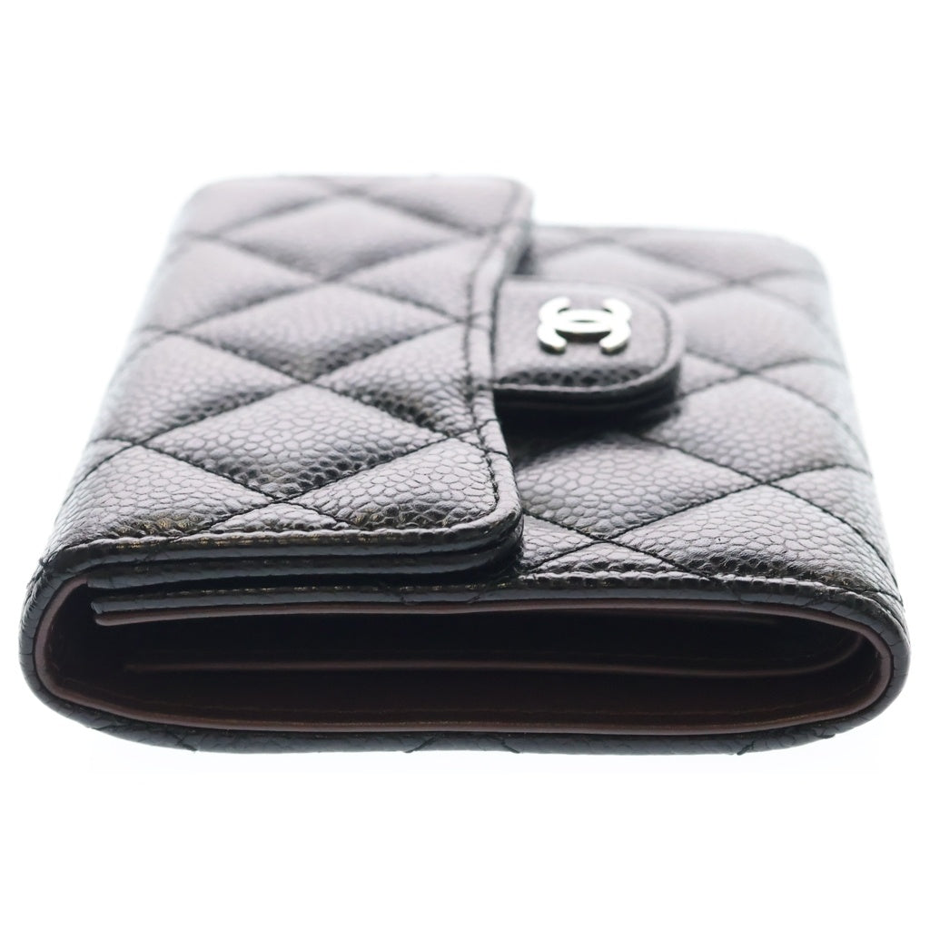 CHANEL(シャネル) マトラッセ クラシック キャビアスキン レザー コンパクトウォレット 三つ折り財布 シルバー金具 ブラック レディース