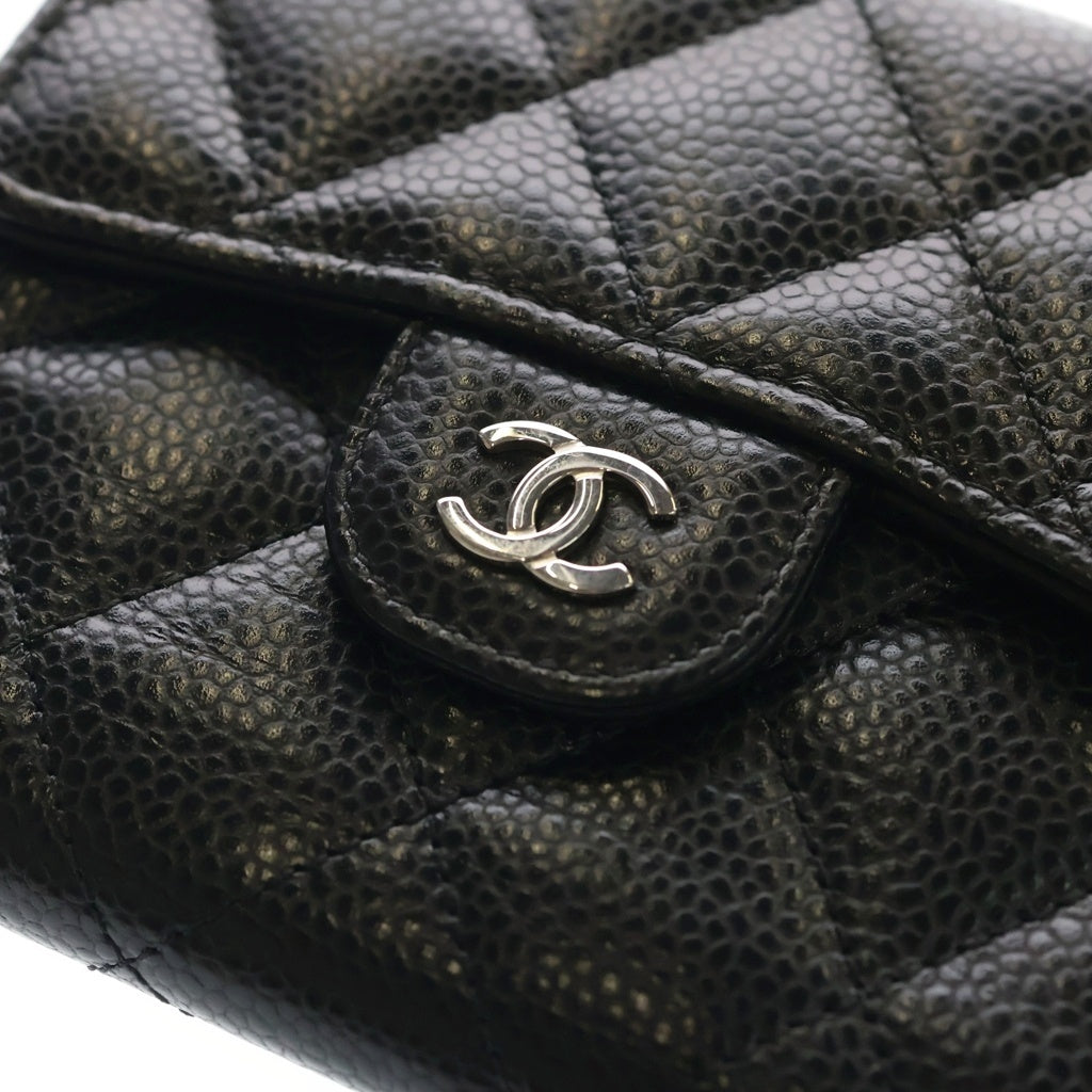 CHANEL(シャネル) マトラッセ クラシック キャビアスキン レザー コンパクトウォレット 三つ折り財布 シルバー金具 ブラック レディース