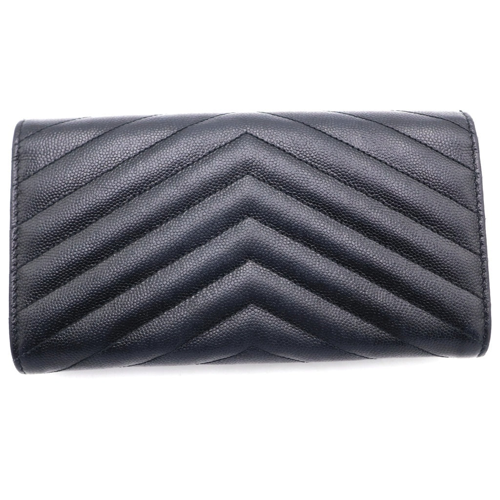 SAINT LAURENT PARIS(サンローランパリ) カサンドラロゴプレート シェブロン Vステッチ レザー ラージフラップ ロングウォレット 長財布 シルバー金具 ブラック 372244