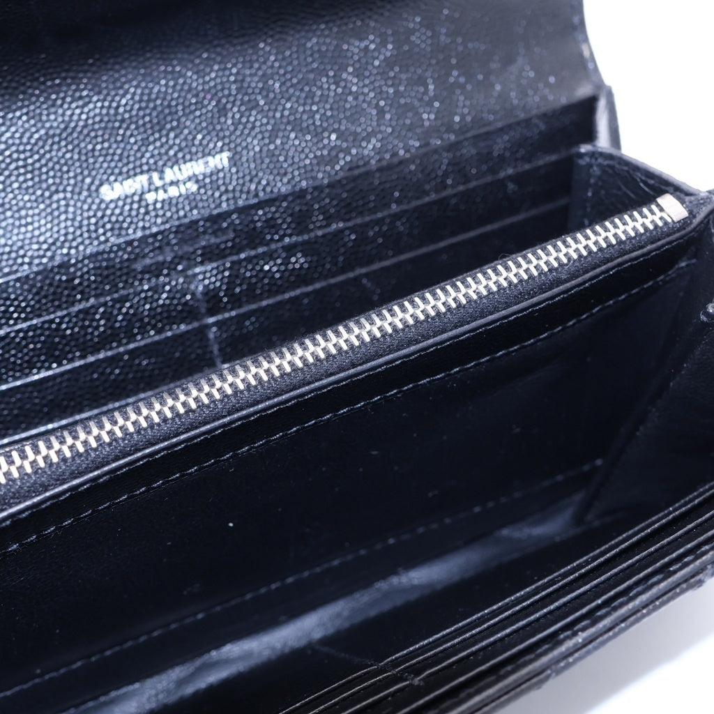 SAINT LAURENT PARIS(サンローランパリ) カサンドラロゴプレート シェブロン Vステッチ レザー ラージフラップ ロングウォレット 長財布 シルバー金具 ブラック 372244