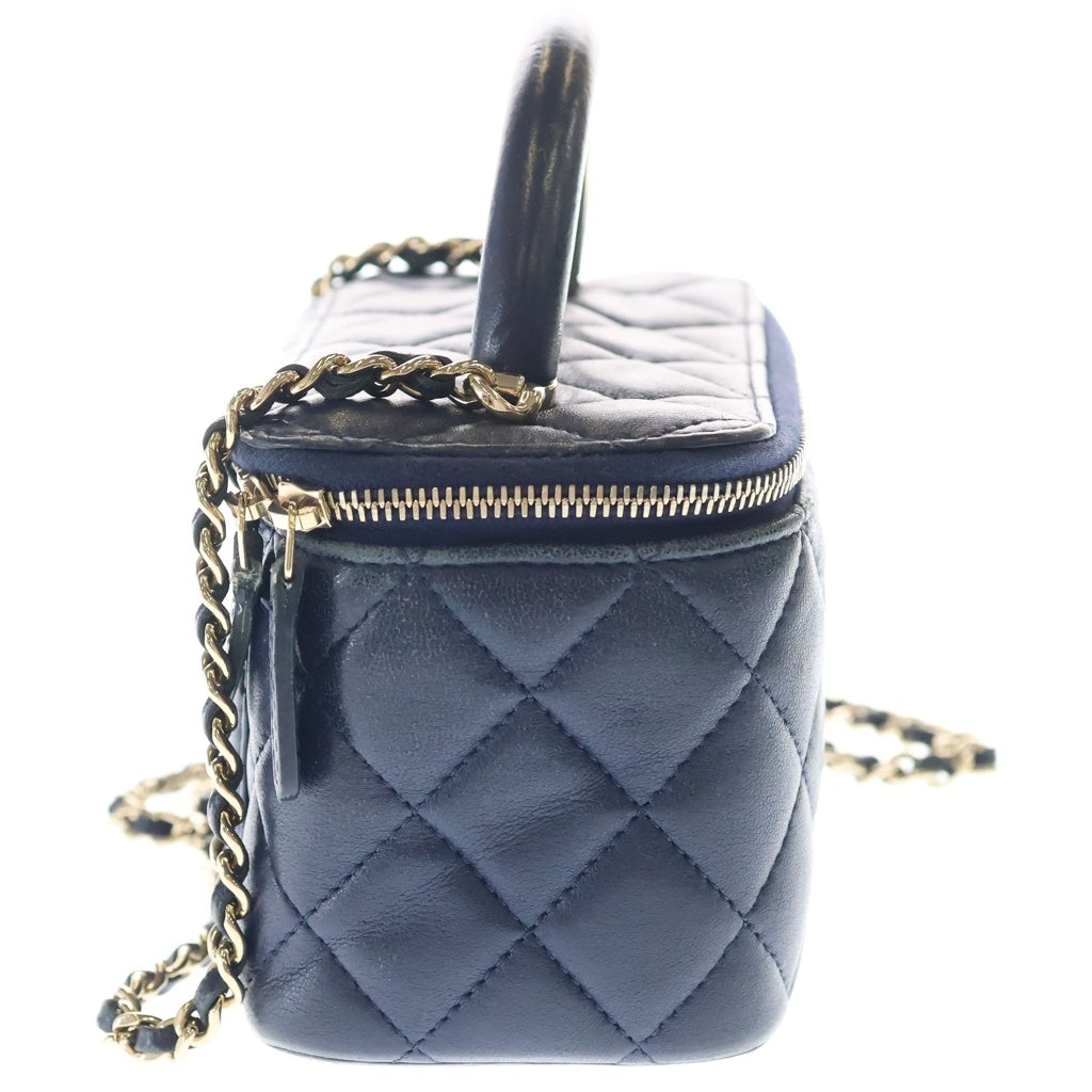 CHANEL(シャネル) マトラッセ バニティ トップハンドル ラムスキン ゴールド金具 チェーンショルダーバッグ ネイビー レディース