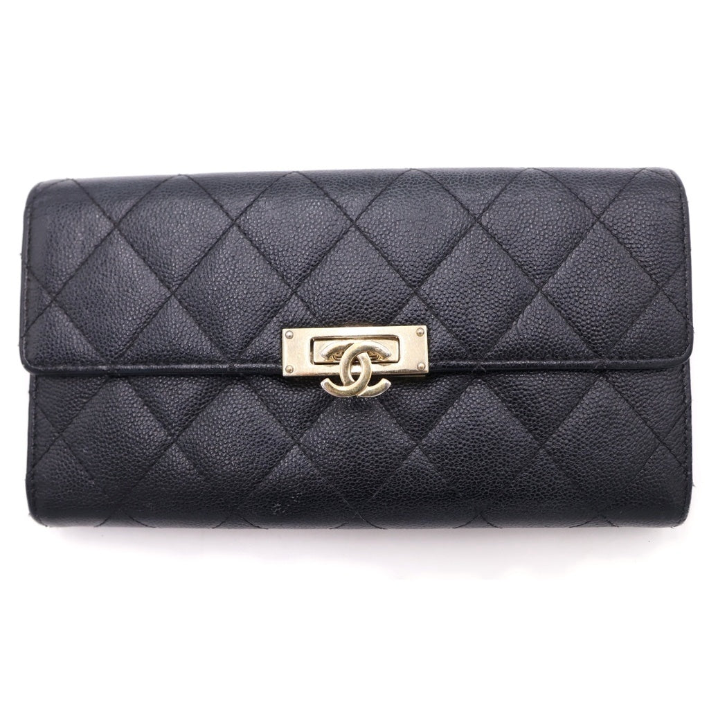 CHANEL(シャネル) マトラッセ 長財布 ロングウォレット ブラック キャビアスキン ゴールド金具 レディース