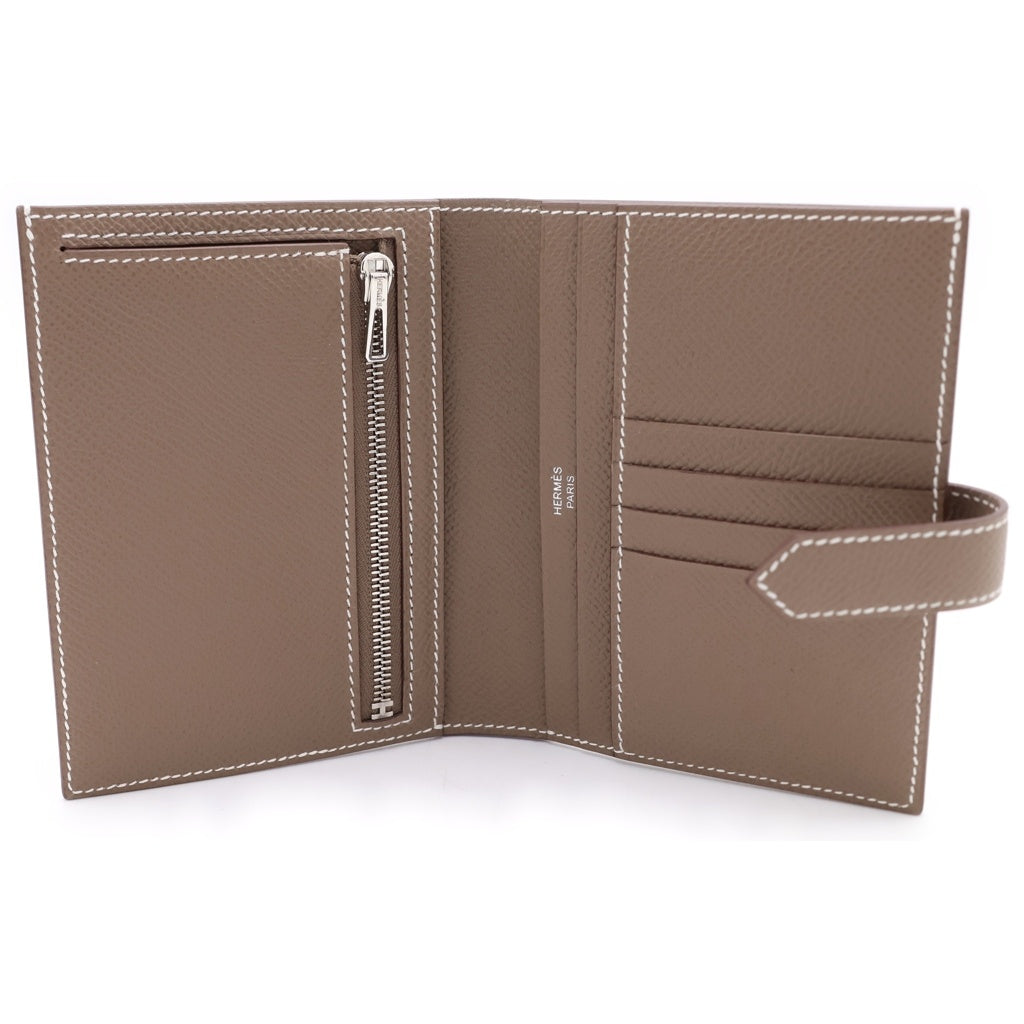 HERMES(エルメス) ベアン コンパクト ウォレット 二つ折り財布 エトゥープ エプソン シルバー金具 ベージュ W刻印 レディース