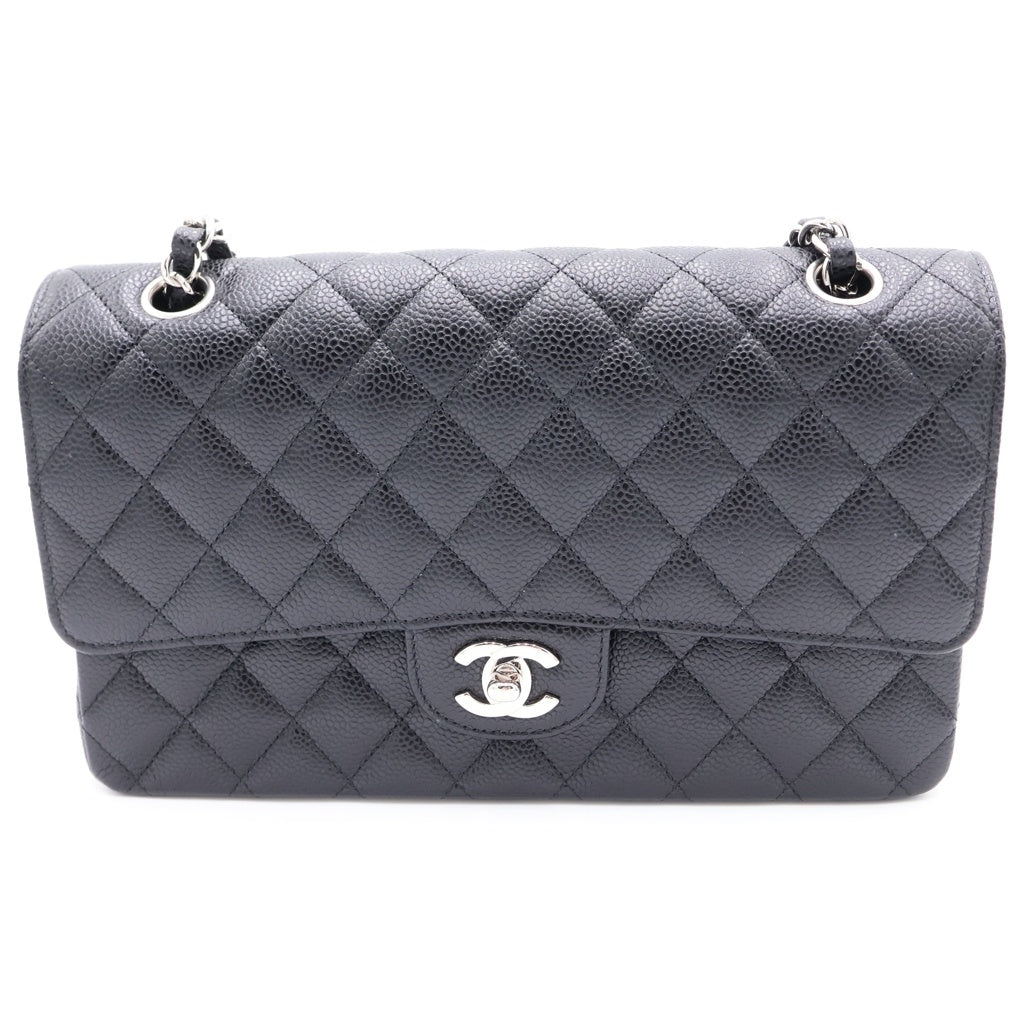 CHANEL(シャネル) マトラッセ25 WフラップWチェーンショルダーバッグ ブラック キャビアスキン A01112 シルバー金具 レディース
