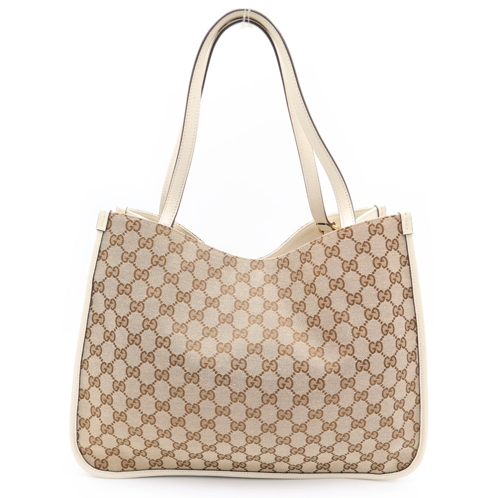 GUCCI(グッチ) GGスプリーム ハンドバッグ トートバッグ ホワイト×ベージュ レザー×キャンバス 623694 ゴールド金具 レディース