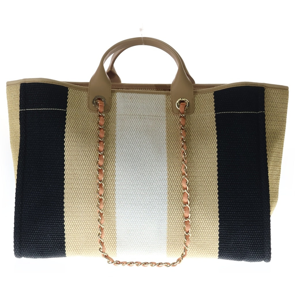 CHANEL(シャネル) ドーヴィルショッピングGM トートバッグ ハンドバッグ ブラック×ベージュ ラフィア シルバー金具 レディース