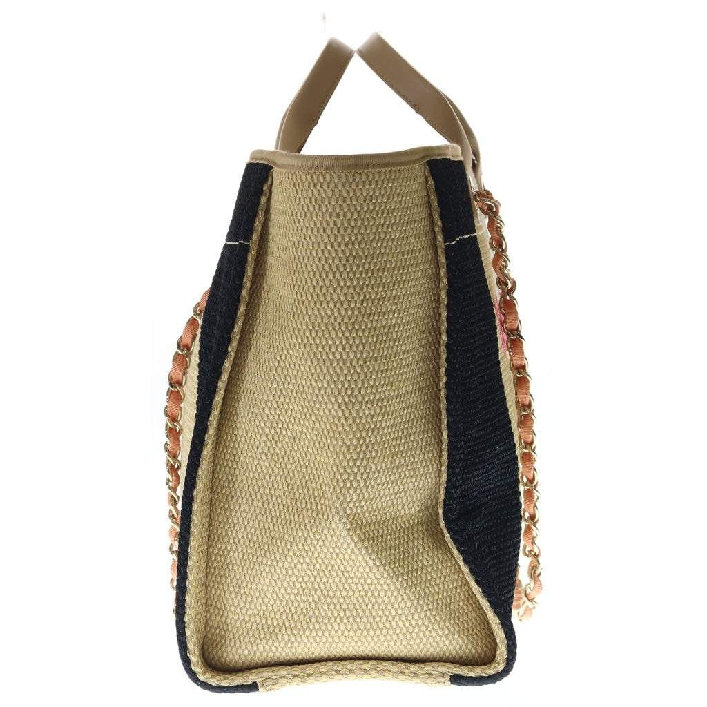 CHANEL(シャネル) ドーヴィルショッピングGM トートバッグ ハンドバッグ ブラック×ベージュ ラフィア シルバー金具 レディース